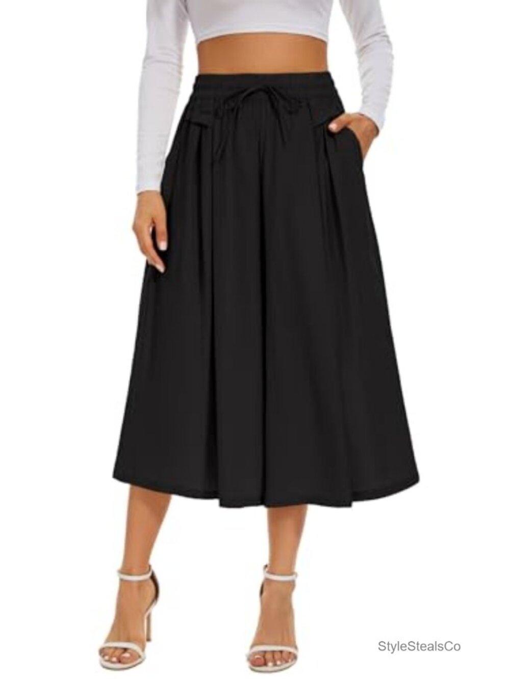 Wide Leg Flowy Cropped Pants High Waist Drawstring Culottes with Pockets Nylon